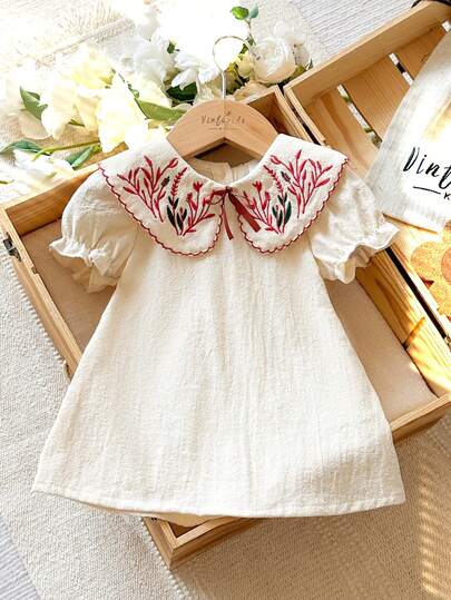 Vintaside Kids Newborn Baby Girl Floral Embroidery Dress, Countryside Style Fashion Elegant Versatile Cute, Comfortable Soft Fabric, Spring/Summer