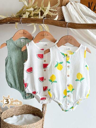 Vintaside Kids Fruktmönstrad sparkdräkt för spädbarn/småbarn, bekvämt mjukt tyg, trendig och mångsidig kroppsdel för vardagsbruk, vår/sommar/höst