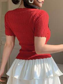 DAZY Women's Round Neck Single-Breasted Short Sleeve Fitted Fashionable Knit Cardigan - Red - View 3