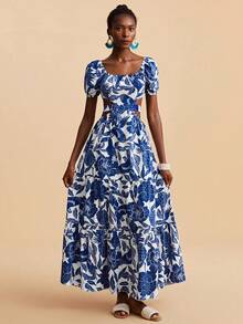 Travachic Women's White And Blue Floral Puff Sleeves Cutout Waist Dress,Boho Autumn Vacation Holiday Outfits,Elegant Party,Luxury Wedding Bridesmaid Ceremony - Multicolor - View 3