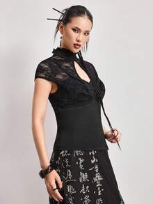 ROMWE Avant 新中式蕾丝拼接修身女式衬衫 - 黑色 - 查看 7