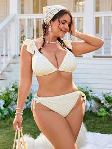 Swim Mod Große Größen Damen Sommer Strand karierter Patchwork Rüschen Sexy Bikini Bademode - Gelb - Übersicht 4