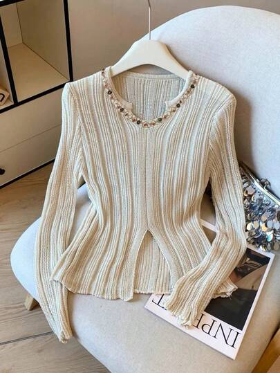 GlowEve Elegant Sweet V-Neck Pearl Decor Split Hem Fitted Apricot Long Sleeve Pullover Sweater, Women Spring/Autumn