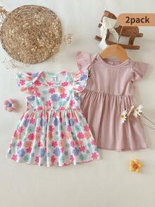 SHEIN 2pcs Newborn Baby Girls Floral Print Round Neck Cap Sleeve Solid Color Pink Casual Waisted Cute Mini Dress, Suitable For Summer Outings Or Travel - Pink - View 1