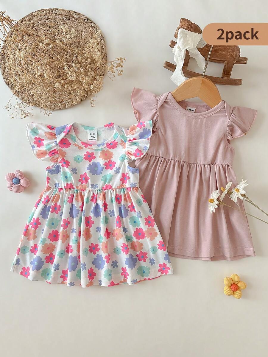 SHEIN 2pcs Newborn Baby Girls Floral Print Round Neck Cap Sleeve Solid Color Pink Casual Waisted Cute Mini Dress, Suitable For Summer Outings Or Travel - Pink - View 1