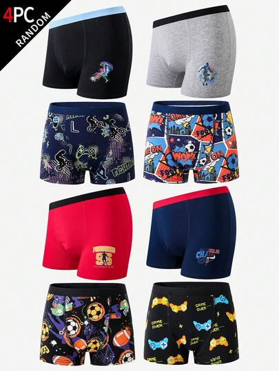 Set de 4 calzoncillos tipo bóxer de algodón con estampados de baloncesto, fútbol y control de juegos para niños preadolescentes