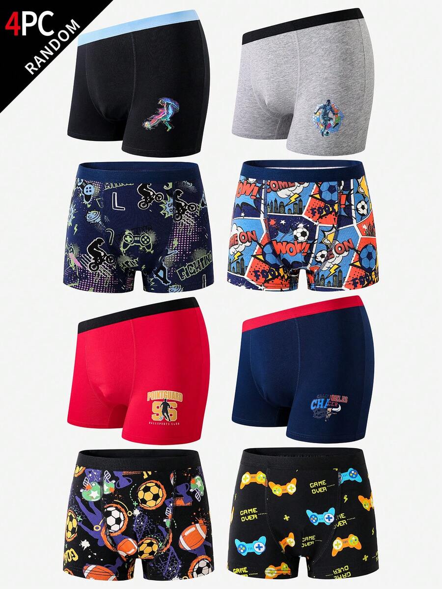 4pcs/Set Assorted Colorful Sports Series Boxer Briefs For Tween BoyBasketball, Football, Game Controller Prints, Cotton Underwear - Multicolor - View 1