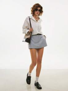 Poéselle 女士休闲通勤条纹短裤棉质半裙，女士休闲装，夏季女士休闲装，适合日常、办公和度假穿着，春夏款 - 藏蓝色 - 查看 5