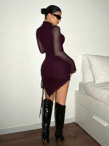 SHEIN ICON Đầm dài tay màu trơn, chất liệu lưới, dáng ôm, vạt bất đối xứng, kiểu dáng công sở. - Màu đỏ tím - Xem 2