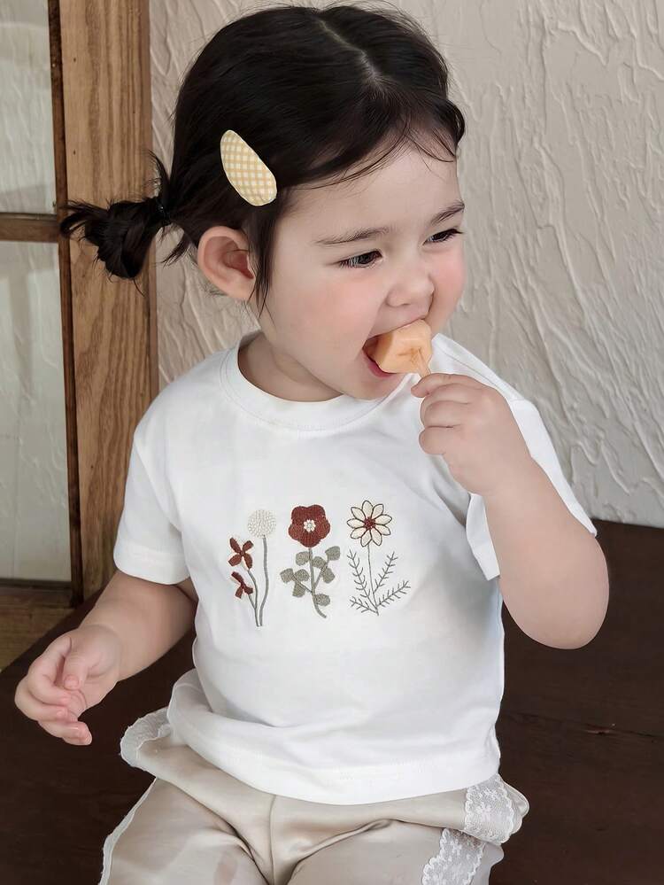Baby Girls' Floral Embroidery Round Neck Casual Short Sleeve Top Summer Toddler Girls Clothes