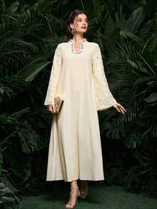 Al Najma Women's Apricot Woven Long Sleeve Sequin Embroidered V-Neck Sequin Ribbon Elegant Arabic Dress, Spring/Summer - Apricot - View 5