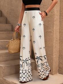 EURMUSE Women Summer Printed Detailed Wide Leg Pants - Black and White - View 4