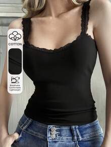 Women's Fitted Lace Patchwork Black Camisole, Suitable For Spring, Summer, Valentine's Day - Black - View 9