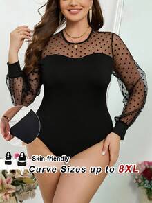 SHEIN CURVE+ Plus Size Women Flocked Polka Dot Mesh Patchwork Jumpsuit