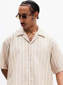 SUMWON Men's Vertical Striped Button Down Shirt And Matching Shorts Co-Ord Set Summer Casual Outfit - Apricot - View 6