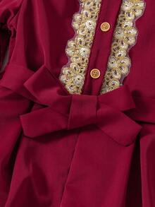 SHEIN Girls'Burgundy Middle Eastern Style Jumpsuit,Traditional Gold Embroidered Bell Sleeve Autumn Wedding Pilgrimage Celebration Outfit,Spring/Summer Wear - Multicolor - View 6