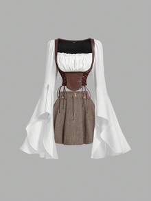 SHEIN MOD 女士棕白撞色PU皮喇叭袖衬衫，带收腰设计——西部风格，完美适用于度假、浪漫场合、海滩、约会、野餐、派对、舞会、节日和生日；浪漫复古宫廷风 - 彩色 - 查看 5