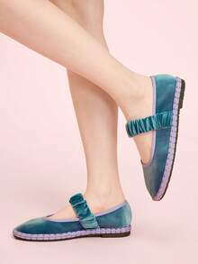 CUCCOO DOLLMOD 女士亮橙色优雅天鹅绒经典舒适褶皱弹力玛丽珍平底鞋 - 水藍/紫色 - 查看 5