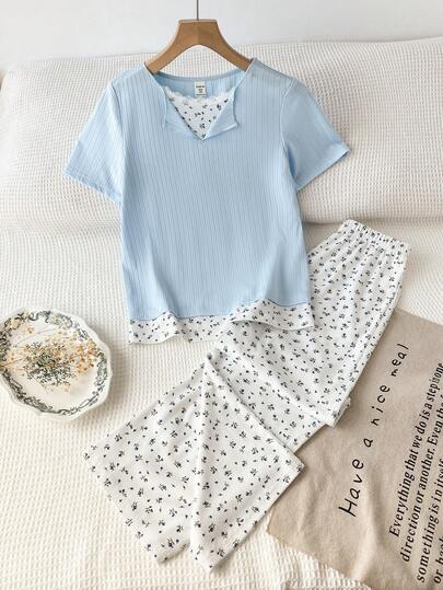 Girls Casual Ribbed 2 In 1 Top With Ditsy Floral And Lace Trim, Minimalist Two Pieces Loungewear Set
