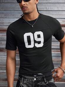 AXEPEAK Men's Numeric Print Round Neck Raglan Short Sleeve Casual Versatile T-Shirt - Black - View 4