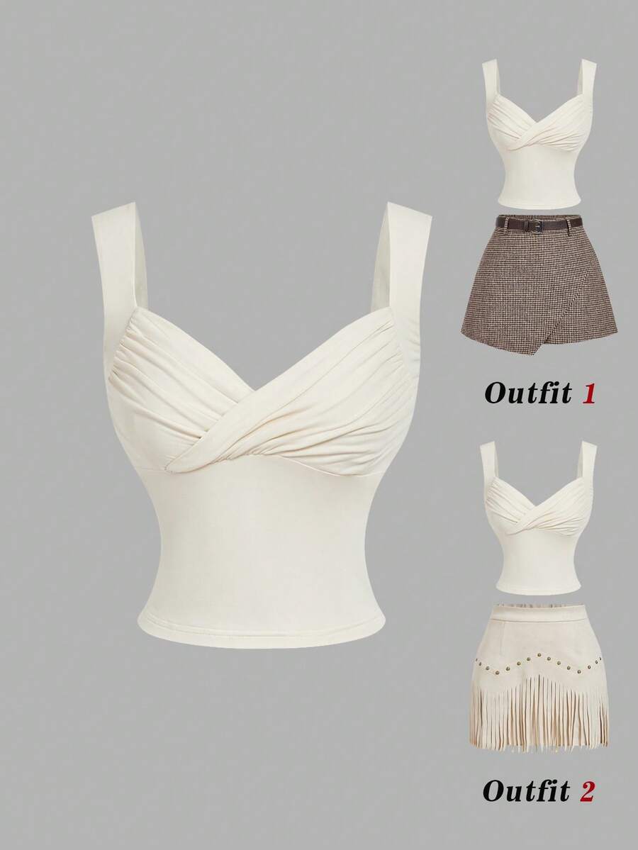 SHEIN MOD 女士杏色褶皱针织吊带背心