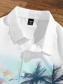 Manfinity Joysei Áo sơ mi nam tay ngắn dáng rộng, in hình phong cảnh cây dừa, thích hợp cho kỳ nghỉ xuân. - trắng - Xem 5
