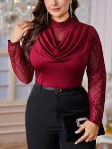 SHEIN Privé 大码女式撞色蕾丝垂褶领长袖修身优雅衬衫 - 紅色 - 查看 2