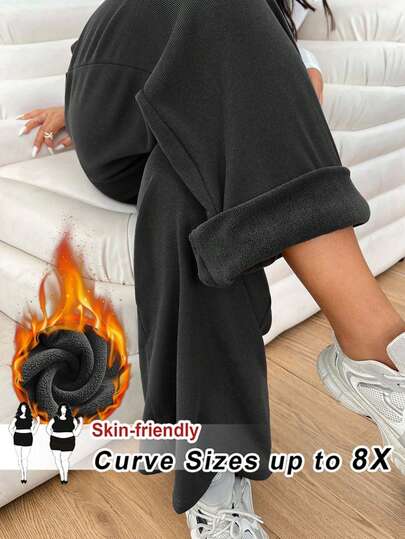 SHEIN CURVE+ 加大码秋冬棉质系带口袋复古学院格纹长裤