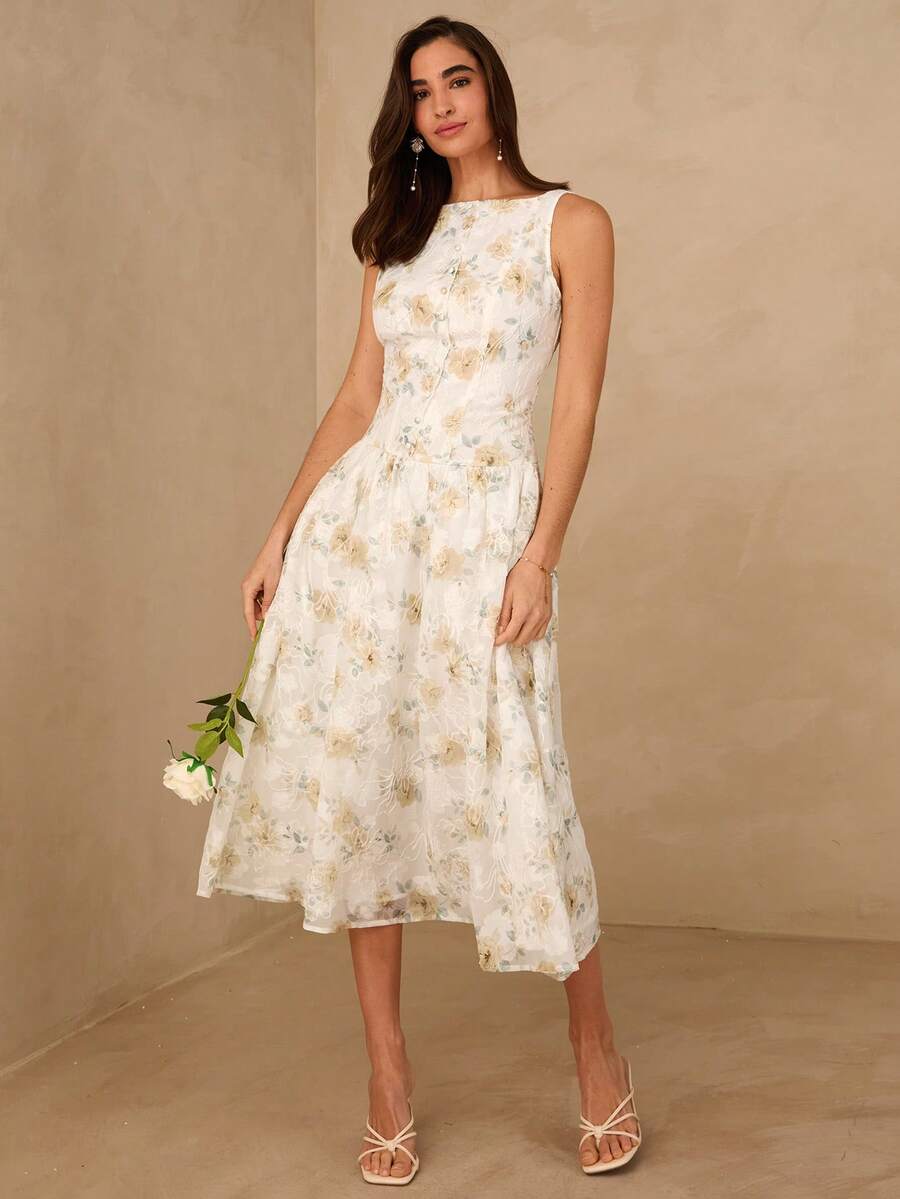 Enchnt 女士优雅印花无袖连衣裙，夏季 - 白色 - 查看 1