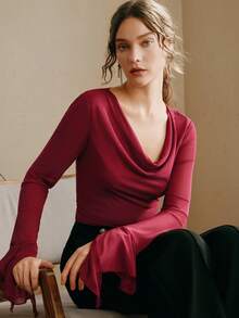 Anewsta Women's Elegant U-Neck Fitted Flare Sleeve Minimalist Commuter T-Shirt, Red Flare Long Sleeve Top - Red - View 7