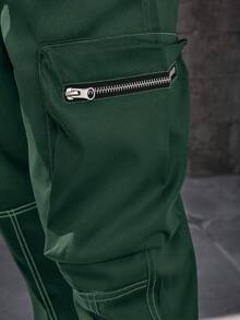 Manfinity Homme 加大码男士纯色斜插口袋休闲百搭工装裤 - 墨綠色 - 查看 3