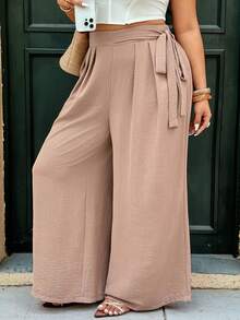 Vionelle Plus Size Waist Tie Wide Leg Pants,Women's High Waist Baggy Trousers,Chocolate Brown,Autumn,Smart Casual,Vacation,Holiday,Boho Wrap Around Loose Pants - Khaki - View 6