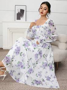 Modelyn 大码女式印花喇叭袖荷叶边下摆优雅连衣裙 - 淡紫色 - 查看 5