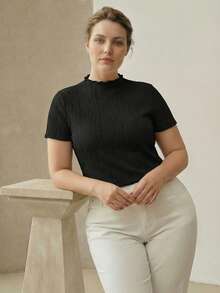 MOTF PREMIUM PLUS ELEGANT KNIT TEXTURED ELASTIC T-SHIRT WITH SMALL STAND COLLAR, SPRING/SUMMER - Black - View 6