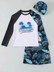 8-12岁男童棕榈叶印花长袖吊带泳衣套装，含泳帽，学生沙滩冲浪泳装，时尚泳衣套装 - 彩色 - 查看 7