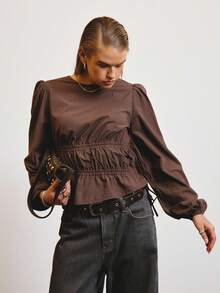 SHEIN Aralina-E Textured Lightweight Woven Fabric Elastic Waist Puff Sleeve Relaxed Fit Everyday Casual Top - Coffee Brown - View 5