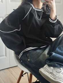 FRIFUL Women's Loose Fit Round Neck Sporty Contrast Tape T-Shirt - Black - View 1