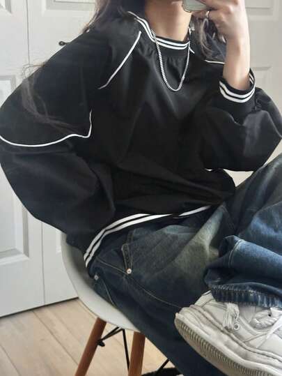 FRIFUL 女士宽松圆领运动撞色条纹T恤