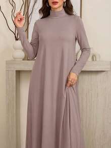 Al Najma 女士保守黑白高领针织长袖打底衫及阿巴雅长袍套装，端庄休闲T恤阿拉伯连衣裙，阿巴雅内衬连衣裙，必备基础款长裙 - 卡其色 - 查看 7