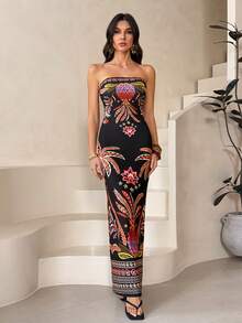 SHEIN Tall 女士夏季棕榈树印花修身吊带连衣裙，适合度假、返校、休闲、办公、约会、婚礼、与朋友享用下午茶、邮轮假期等场合。 - 黑色 - 查看 7