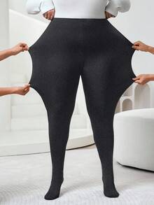 SHEIN CURVE+ Curve 尺码 US22 音乐节、海滨度假、波西米亚黑色网眼衬里保暖打底裤，秋冬季 - 深灰色 - 查看 8