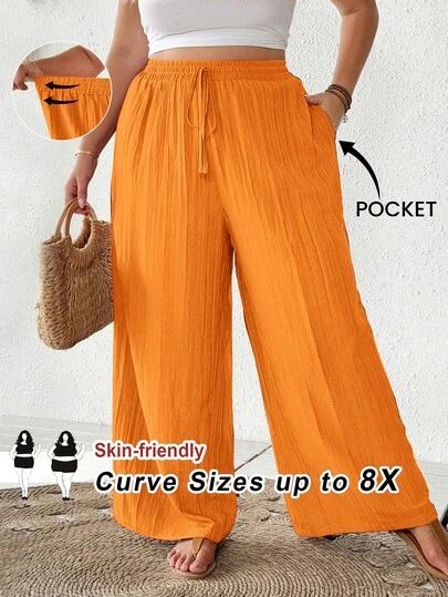 SHEIN CURVE+ Plus Size Women Summer Casual Beach Outfits, Fashion Business Commute Elegant Wide-Leg Pants With Pockets, Lotus Pink,Summer Pantssummer/Country/Beach Vacation Outfits/Beach Outfits/Beach Wear