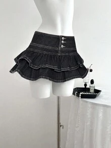 SHEIN ICON 大码纯色简约休闲Y2K时尚半身裙 - 黑色 - 查看 3