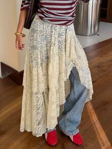 Muchica Summer Outfits Western Style Elastic Waist Lace Ruffle Asymmetric Hem Skirt - Apricot - View 1