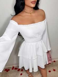 SHEIN SXY Vestido de línea A con volantes en los hombros, mangas acampanadas y dobladillo con capas de unicolor para mujer - Blanco - Ver 8