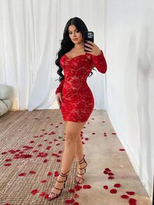 SHEIN SXY Đầm ngắn ren đỏ gợi cảm tay dài cổ tim dành cho nữ - Đỏ - Xem 7