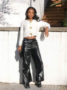 Yess Loren 女款 Rapper 基本款运动休闲皮革黑色工装裤