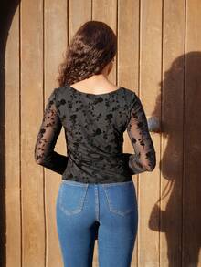 Yess Loren 1 件女式性感简约植绒透明花卉长袖 T 恤，百搭派对装，适合秋冬春季穿着 - 黑色 - 查看 2