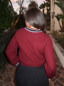 Tyla Gomez Color Block V-Neck Casual Women Sweater,Long Sleeve Tops Fall - Burgundy - View 2