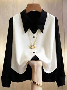 Franclia 女士撞色纯色翻领衬衫，适合通勤、办公、返校、教学、室内外穿着，春秋季款 - 黑與白 - 查看 1